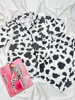 ç3818 - gömlek yaka kısa kollu desenli pijama takımı - siyah