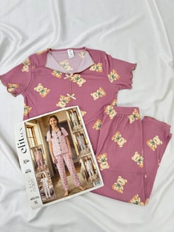 ç9316-viskon kaşkorse kumaş kısa kollu ayıcıklı pijama takımı-gül kurusu