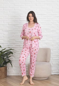 ç14693 - ip askılı sabahlıklı kirazlı pijama takımı seti - pembe