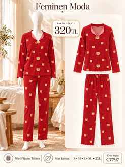 ç7797-süet kumaş gömlek yaka pijama takımı-bordo