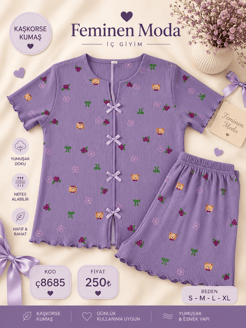 ç8685-kaşkorse kumaş kısa kollu şortlu takım-mor