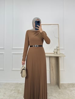 6298 - sandy kumaş kemerli elbise - sütlü kahve 