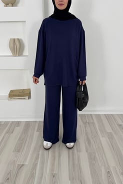 9130 - kristal kumaş cepli tunik pantolonlu takım - lacivert 