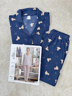 ç8613-bürümcük kumaş gömlek yaka ayıcıklı pijama takımı-lacivert
