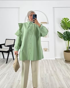4923-terikoton kumaş-kolları fırfırlı kemerli gömlek-su yeşili
