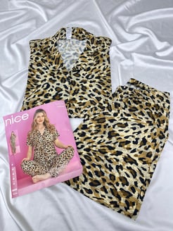 ç14234 - milan kumaş gömlek yaka kısa kollu leoparlı pijama takımı 