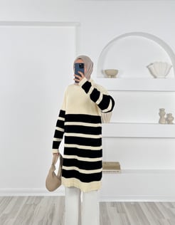 7648- balıkçı yaka çizgili triko tunik-beyaz 