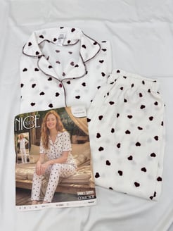 ç6935-bürümcük kumaş gömlek yaka kısa kollu pijama takımı-beyaz