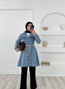 5471 hasır kemerli kot gömlek- buz mavisi