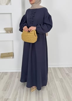 1803-müslin kumaş önü fiyonklu elbise-lacivert