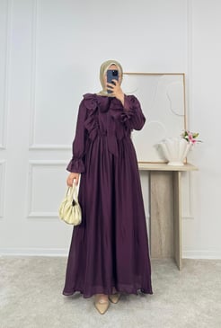 7613-fırfır detaylı baglamalı tül elbise-bordo