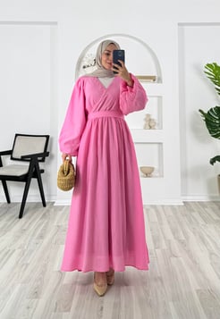 5653-wrn kumaş-çapraz biyeli kuşaklı elbise-pembe