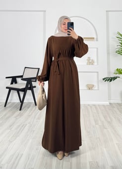 4438 - kışlık astana kumaş kemerli elbise - acı kahve 