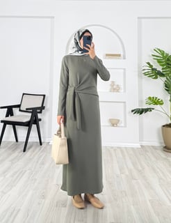 79315 - oysho kumaş önden baglamalı elbise - haki 