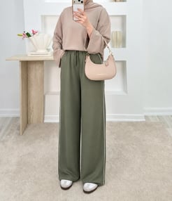 5644-kristal kumaş bol paça pantolon-yeşil