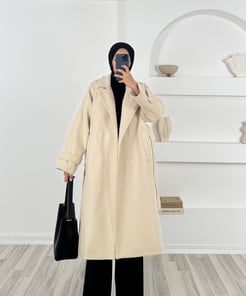 1653 -kaşe kolları manşetli kuşaklı kaban - krem 