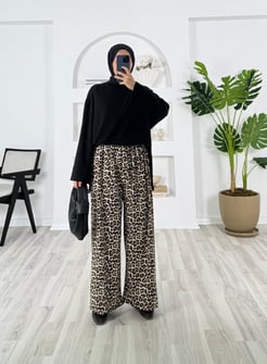 7552-bürümcük kumaş-beli lastikli leopar desenli pantolon-taş
