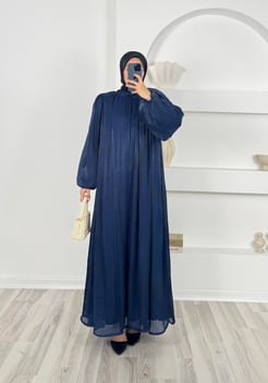 9572-balon kol büzgüllü organze elbise-lacivert