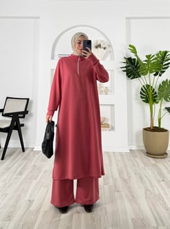 5235-iki iplik kumaş-yarım fermuarlı pantolonlu takım-pembe