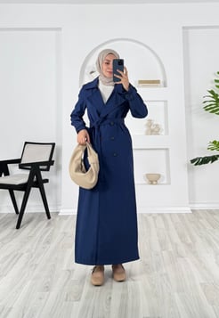 2460-bondit kumaş-bilek ucu kemerli tam boy trenç-saks mavisi
