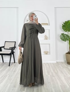 8756-wrn kumaş-önü bağlamalı beli lastikli balon kol elbise-yeşil