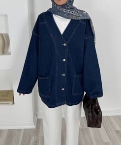 5420-DÜĞMELİ CEPLİ KOT CEKET -LACİVERT