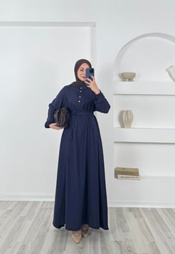3768 belmando kumaş önü düğmeli elbise-mavi