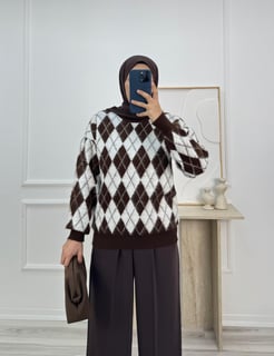 7901-baklava desen triko kazak-kahve-beyaz