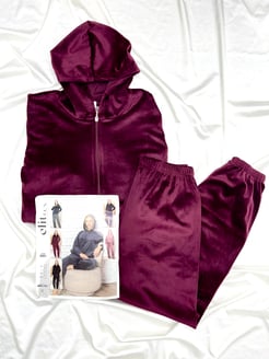 ç8551-kadife kumaş fermuarlı kapüşonlu pijama takımı-bordo