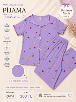 ç8658-kaşkorse kumaş kısa kollu ayıcıklı pijama takımı-mor