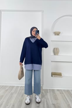 5690 - kristal kumaş çizgili gömlek tunik - lacivert