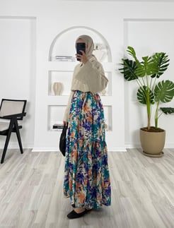 4808-pamuk viskon kumaş-yaprak desenli beli lastikli etek-mavi-turuncu