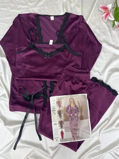 ç8550-kadife 3lü pijama takımı-mürdüm