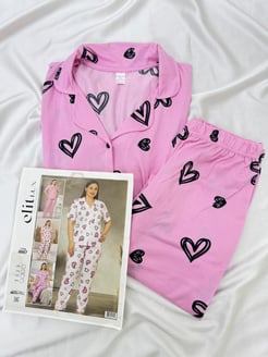 ç8657-büyük beden gömlek yaka kalpli pijama takımı-pudra