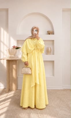 7791-lilyum kumaş pelerinli beli lastikli elbise-sarı 