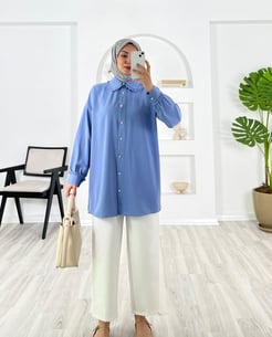 6845-linda kumaş-yaka detaylı kemerli gömlek-bebe mavisi