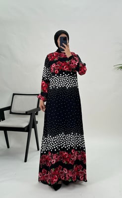 0379-pamuk viskon kumaş-çiçek desenli seyyar kemerli elbise-siyah