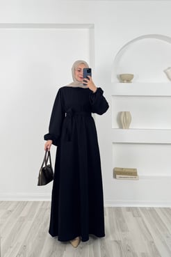 9856 örme kumaş kuşaklı elbise-siyah