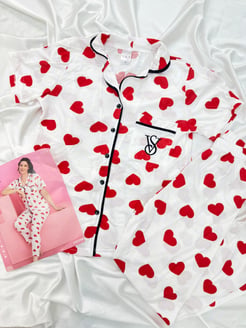 Ç5104 - gömlek yaka kısa kollu kırmızı kalpli pijama takımı beyaz 