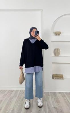 5690 - kristal kumaş çizgili gömlek tunik - siyah