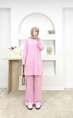 2402-oysho kumaş yanları dügmeli pantolonlu takım-pembe 