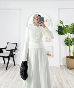 7542-sandy kumaş-büzgü detaylı bluz-beyaz