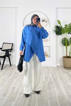 8575-modal kumaş-asimetrik kesim yandan bağlamalı tunik-mavi