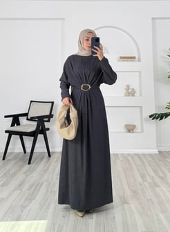 0369 - damla kumaş önü tokalı elbise  - füme 