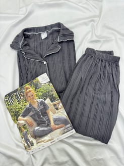 ç6844-bürümcük kumaş gömlek yaka kısa kollu pijama takımı-füme