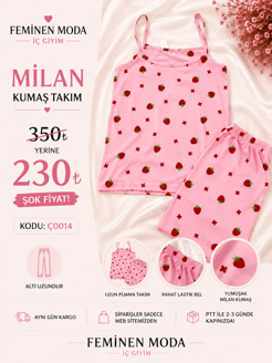 ç0014 milan kumaş ip askılı çilek  desen pijama takımı-pembe