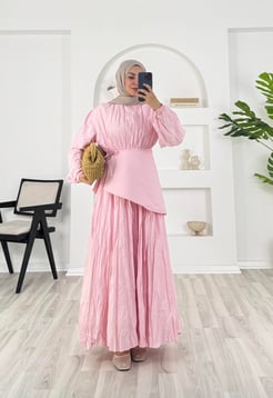 5319 - kırışık poplin kumaş kraşlı zara elbise - pembe  