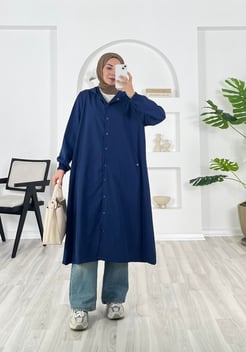 3985-bondit kumaş-çıtçıtlı kapşonlu trenç-lacivert