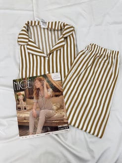 ç6936-bürümcük kumaş gömlek yaka kısa kollu pijama takımı-kahve