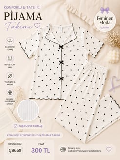 ç8658-kaşkorse kumaş kısa kollu kalpli pijama takımı-beyaz